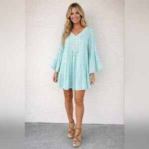 Calstyle Baby Blue Lace Neck Bell Sleeve Tiered Peasant Mini Dress Size XL